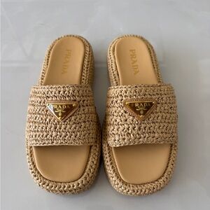 Prada Natural Raffia Slide Sandals with Gold Logo Plaque